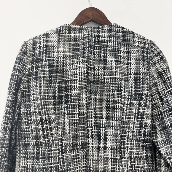 Spenser Jeremy Womens Tweed Blazer Jacket Black Gray White Fringe Open Front - Picture 9 of 9